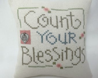 Count Your Blessings Cross Stitch Mini Pillow, Flowers, Heart Charm, Shelf Pillow