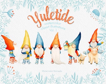 Scandinavian Christmas clipart, Gnome clipart, Yuletide, nordic, watercolor, Dala horse, pig, elk deer, winter, printable, scrapbooking