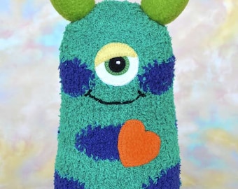 Handmade Sock Monster Doll, Plush Stuffed Art Toy, Hug Me Monster, Personalized Tag, Green, Blue, Purple, Orange, 10 inch