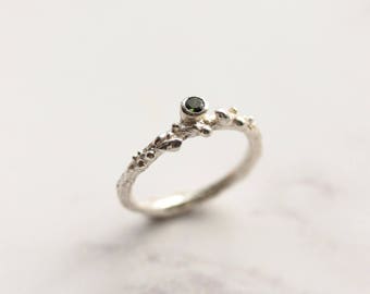 Green tourmaline ring - Silver woodland ring - Silver Branch ring - Lichen ring - Woodland jewellery