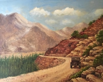 Vintage Landscape Painting of Model T Driving Through Desert Canyon