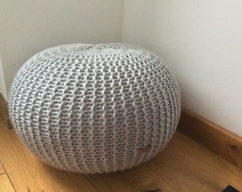 Grey hand knitted pouffe/footstool