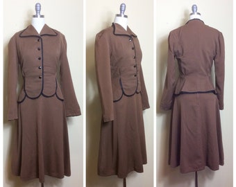 50s Brown Twill Peplum Waist Suit / 1950s / Fifties / Gabardine Scalloped Blazer and Skirt Set / Small
