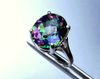 Exquisite Genuine Mystic Rainbow Topaz Checkerboard Oval in Sterling Silver Ring