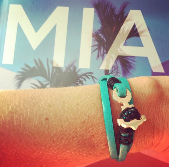 Anchor Leather wrap around bracelet made of sterling silver, genuine leather and nylon paracord