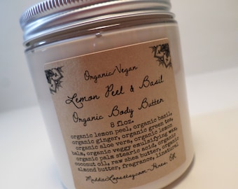 FREE SHIPPING-Organic/Vegan Lemon Peel & Basil Organic Body Butter-8oz.-Organic Body Butter- Vegan Body Butter-8oz.