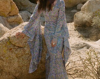 Block Print - Bell Sleeves Maxi Caftan- Lavender