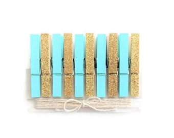 Mint Blue & Gold Glitter Clothespins. Light Blue Decor. Mini Clothes Pins. Baby Shower Clothespins. Decorative Clothespins. Kids Art Display