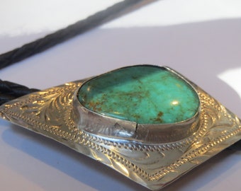 Vintage Mexican Sterling Silver Turquoise Inlay Designs Bolo Tie IC Lot 17