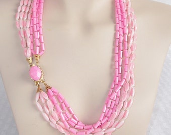 1960s Vintage Pink Beaded Multi Strand Convertible Necklace