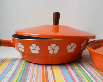Vintage Skillet and Pan Set, Orange Daisy, Flower Power, Japan Imperial