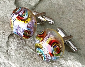Fused Glass Cufflinks ..Circular Button Cabochons - Silver Tone T-Bar Fittings - Gift Boxed