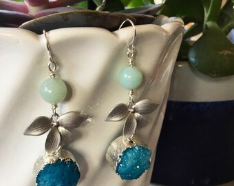Floral Druzy Aquamarine Earrings