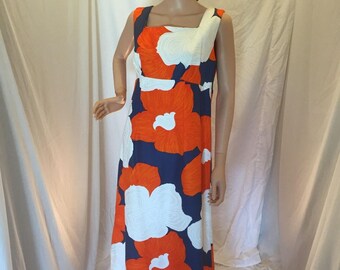 Vintage 50s 60s Malihini Hawaii Designers Collection Maxi Dress Orange and Blue Floral Sleeveless