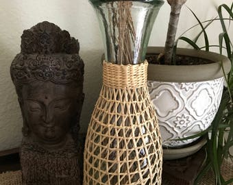 Boho vintage glass carafe wrapped in straw