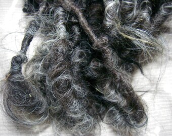 Handspun Super Shaggy Super Bulky Weight Icelandic Art Yarn in Natural Black and Natural Silver by KnoxFarmFiber for Weaving Embellishment