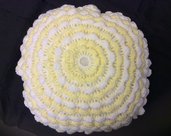 Handmade Yellow and White Round Crochet Cushion