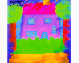 Peace and Quiet. One House. Two trees. Stars. Evening Breeze. Serenity. Peaceful place. Whimsical Art Print. Fantasy. Memories. Strange.