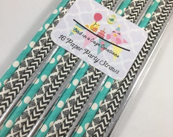 Teal and Black Paper Straws - Set of 16 | Teal and Black Party Decor
