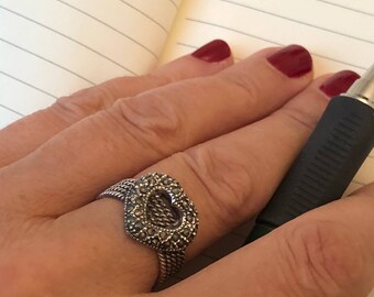 Vintage sterling silver heart ring with marcasite