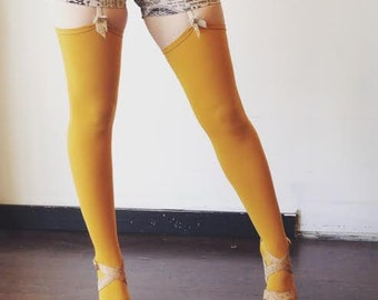 Thigh High Bamboo Stockings, gold, Yellow Gold / garter belt stockings / thigh high tights / yellow stockings / pin up lingerie / tall socks