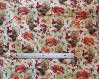 Brown Harvest Leaves/Pumpkins Thanksgiving Turkey Cotton Fabric by the Half Yard
