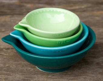 Measuring cups, Teal green Ombre' - dark to light - ready to ship - hand painted