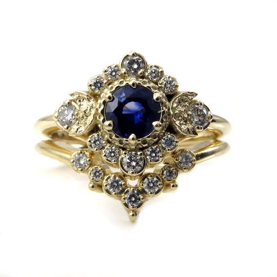 Blue Moon Sapphire Engagement Ring Set with Dripping Diamond Wedding Band - 14k Gold - Handmade Engagement Rings