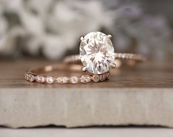 Rose Gold Engagement Ring, Moissanite Oval 10x8mm and Diamond Bridal Ring Set, Forever Classic 3.00cts Moissanite Engagement Ring