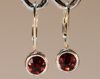 Red Garnet Earrings~.925 Sterling Silver Leverback Setting~6mm Round Cut~Genuine Natural Mined