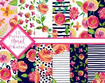 INSTANT DOWNLOAD - Watercolor floral backgrounds, watercolor floral patterns, floral digital paper, watercolor digital paper set