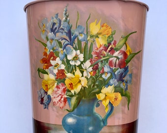 Circa 1950s - Vintage lithographed tin waste basket with floral bouquet - GSW Quality