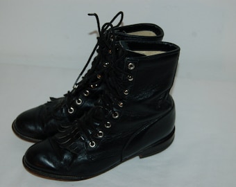 Women Size 6 1/2 Vintage JUSTIN Black Leather Ropers-90s fashion