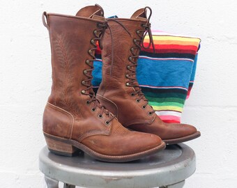 7 M | Women's Tall Brown Feather Stitch Lacer Boots by Abaline