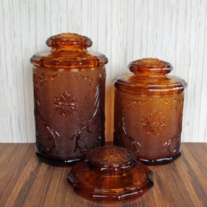 Vintage Indiana Glass Tiara AMBER SANDWICH Large and Medium Canisters + Extra Lid Flower Daisy Floral Design Pattern
