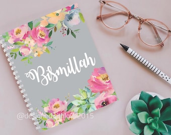 A5 Islamic Notebook -Bismillah - Grey with pink floral