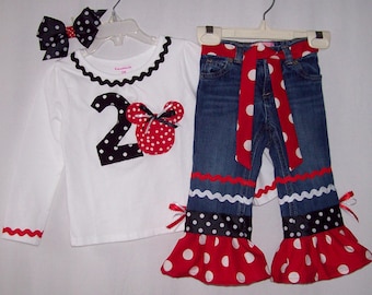 Custom boutique Disney Minnie Mouse Happy Birthday jeans outfit all sizes available