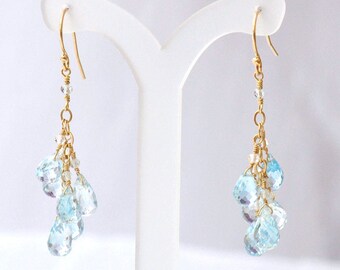 14K Gold. Sky Blue Topaz earrings, December Birthstone Earrings, Bleu Topaz Chandelier Earrings, Blue Stone Earrings, Gift For Her