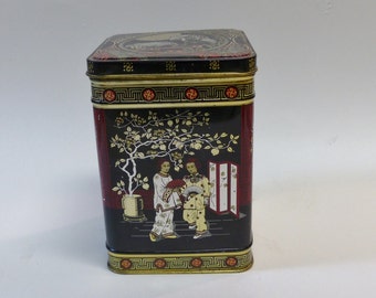 Collectible tin Geisha tin Hinged top tin Oriental design tin Vintage tin 1970s tin