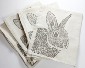 Bunny Napkins in Deep Khaki, Rabbit Napkins - Hand Printed Flour Sack Napkins (unbleached cotton)