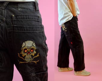 Vintage 90s JNCO Black Loose Fit Jeans - Rare Skull 1990s Grunge Denim Pants - Size 29