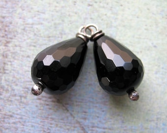 Faceted Black Onyx Teardrop Bead Charms - 1 pair - 21mm in length
