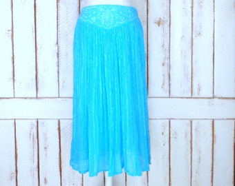 Vintage light turquoise blue embroidered crinkle cotton stretch waist maxi skirt/long Indian boho crinkle skirt/festival skirt/one size