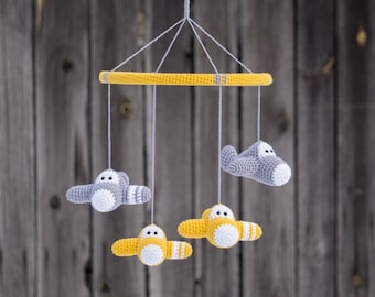 Airplane baby mobile - organic cotton - crochet airplane mobile - aeroplane mobile - custom mobile - nursery decor