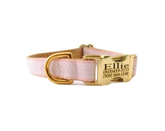 Herringbone Dog Collar, Pet ID Metal Buckle Personalized Pet ID Laser Engraved Dog Collar, Chevron Pink Blush