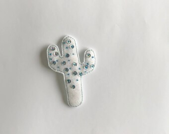 Cactus Brooch - Felt Brooch - White and turquoise