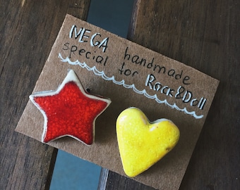 Set of 2 ceramic brooches Heart and Star