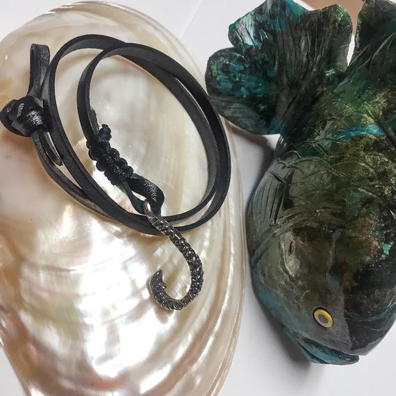 Fishing Hook in sterling silver with genuine leather