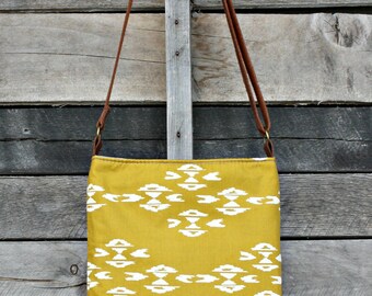Crossbody Bag, Gold Ikat, Genuine Leather, Everyday Purse, Adjustable Strap