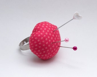 Pincushion Ring - Hot Pink Spot Fabric - Pin Cushion Ring - Sewing Jewelry - Pin Cushion Ring - Wearable Pincushion - Bright Pink Dots